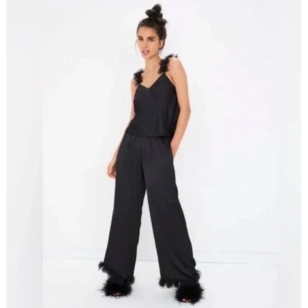 FOR LOVE & LEMONS Satin Tulle Ruffle Strap Lounge Pajama Cami V-Neck Black XS